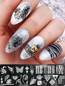 2 tấm dập móng nghệ thuật phong cách Y2K Fantasy, họa tiết da báo cổ điển, họa tiết ngựa vằn, đường kẻ hình học, họa tiết mặt trăng, dụng cụ làm móng nghệ thuật tự chế cho tiệm nail. - Bạc - Xem 5