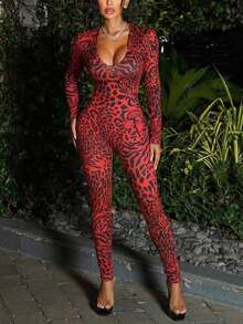 DOUCIU Leopard Print V-Neck Long Sleeve Backless Fitted Jumpsuit Daily Casual Sporty - Red - View 5