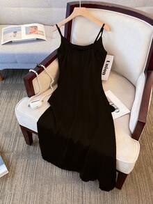 Satin Jacquard Slip Dress, Waist Cinched, Elegant Long Dress With Luxurious Vibe Black Summer - Black - View 8