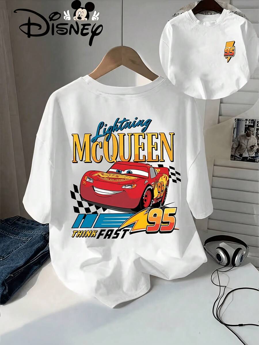 Lightning McQueen Pattern In Cars, Disney Summer New Short Sleeved T-Shirt Top For Women, Casual And Fashionable Printed T-Shirt For Female Actors And Actresses, Disney Shirt, Disney Shirts, Summer Outfits For Women, Spring Outfits For Women, Officially Licensed Disney T-Shirts, Disney Men's And Women's Spring/Summer Fashion Casual Short-Sleeve T-Shirts - trắng - Xem 1