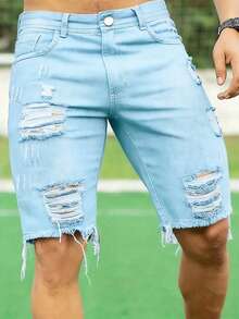 Pantalones cortos vaqueros de corte slim con estilo casual lavado para hombre - Lavado ligero - Ver 1