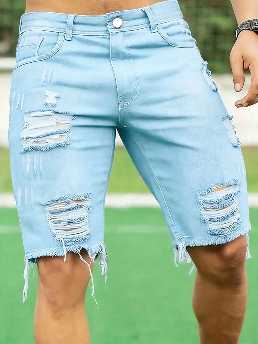 Pantalones cortos vaqueros de corte slim con estilo casual lavado para hombre - Lavado ligero - Ver 1