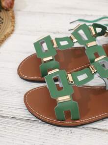 Women's Summer New High-Top Open Toe Lace-Up Design Hollow Out Rivet Inlaid Comfortable Fashion Casual Roman Style Sandals,Beach Shoes - Green - View 3