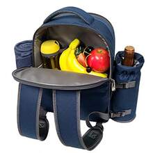 Mochila de picnic Hap Tim para 4 personas con compartimento enfriador aislado soporte para vino manta de lana juego de cubiertos regalos de compromiso para parejas camuflaje 3065 azul - Azul - Ver 4