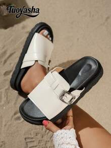 Women's Solid Color Sandals, Metal Buckle One-Strap Slides, Platform Thick Sole Slippers, Fashion Flip Flops, Comfortable Non-Slip, Versatile Beach Sandals, Suitable For Daily Wear - White - View 2