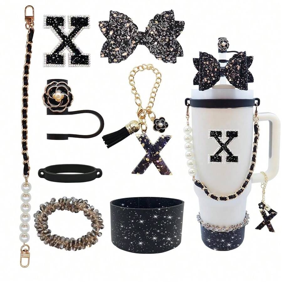 Stanley Cup Accessories Set For 40oz & 30oz Tumbler With Handle,Including Straw Topper,Boot,Water Bottle Handle Strap,Straw Bow Decorate,Bracelets,Letter Charm,Initials Sticker,Cup Ring(Black X) - 黑X - 查看 1