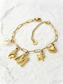 1 件 18K 镀金吊坠手链，不锈钢链式手链，贝壳字母项链，金吊坠，波西米亚海滩风格，18K 海星冲浪者珠宝礼物，Ins 风格，金手链，圣诞节，万圣节，优雅礼物 - 海洋字母手鍊 - 查看 22