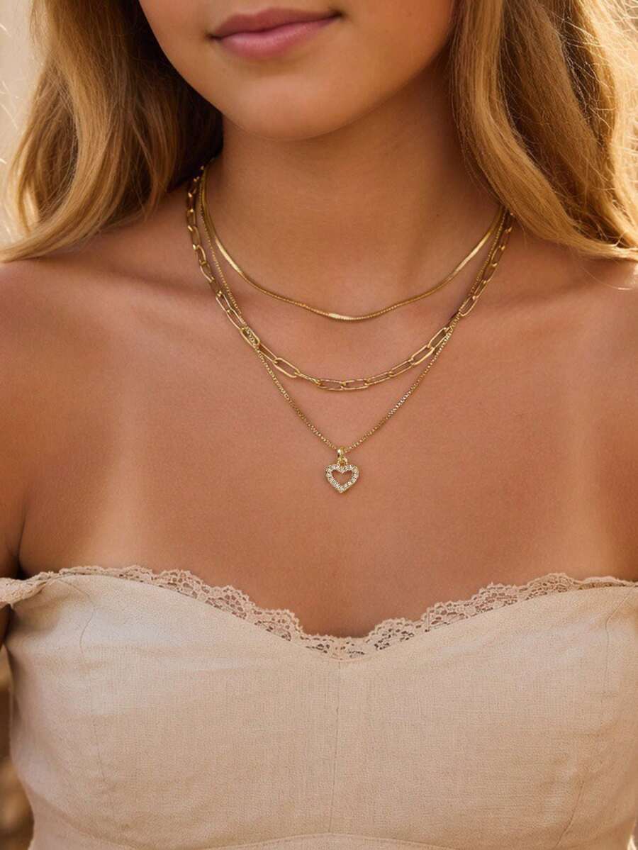 3-Layer Stacked Paper Clip Chain, Heart Shaped Cubic Zirconia Pendant Necklace Set - Yellow Gold - View 1