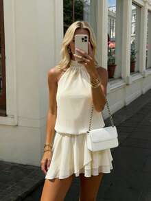 Women's Elegant Romantic Halter Backless Ruffle Mini Dress With Safety Shorts, Suitable For Beach In Spring/Summer - Yellow - View 3