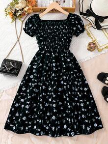 清新花卉图案少女法式泡泡袖方领收腰连衣裙，适合夏季日常穿着、外出、旅行和度假。 - 彩色 - 查看 8