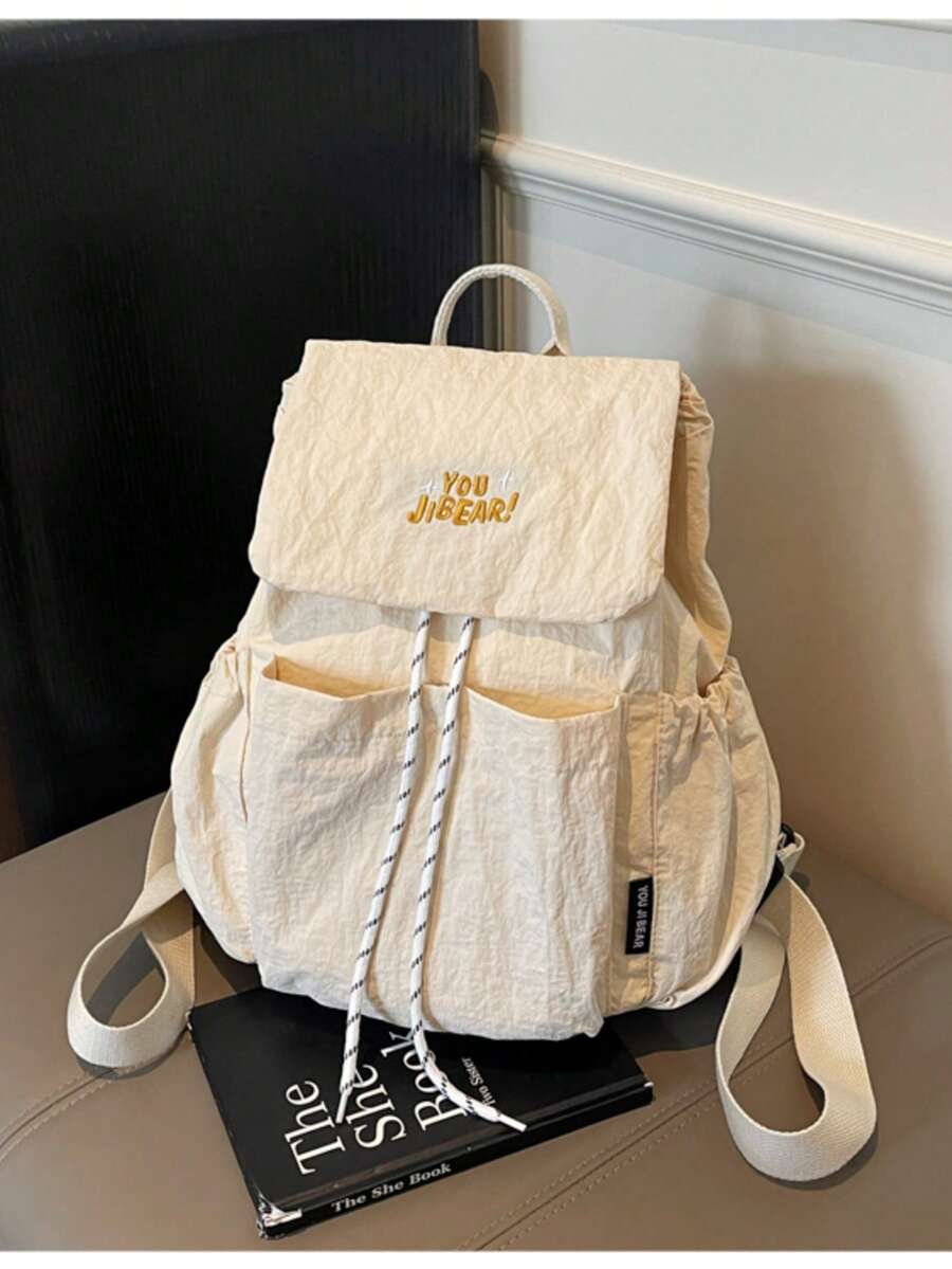 1件 5色翻蓋抽繩後背包，刺繡字母休閒風日常通勤後背包，輕量極簡編織布料，多功能多口袋肩背包，大容量學生旅行後背包