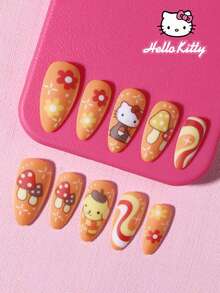 SANRIO 24片Y2K杏仁哑光橙色法式美甲贴片，饰有可爱花朵和蘑菇图案，粉嫩少女风，完美贴合亚克力假指甲套装，包含1支果冻胶和1个指甲锉，适合女性日常、派对和聚会使用。 - 彩色 - 查看 2