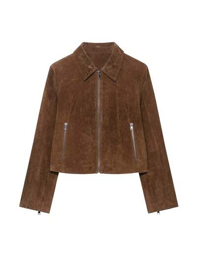 Women's New Retro Suede Zip-Up Short Jacket, Women's Casual Lapel Long Sleeve Pocket Bomber Jacket, Women's Street Jacket Spring