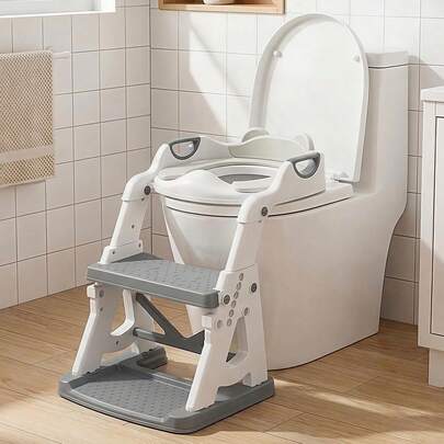 Agislone Foldable Toddler Toilet Seat With Step Stool - 2 In 1 Adjustable Height Potty Training Seat | Stable Triangle Structure | Splash Guard | Anti-Slip Pedal - For Boys & Girls (Grey)