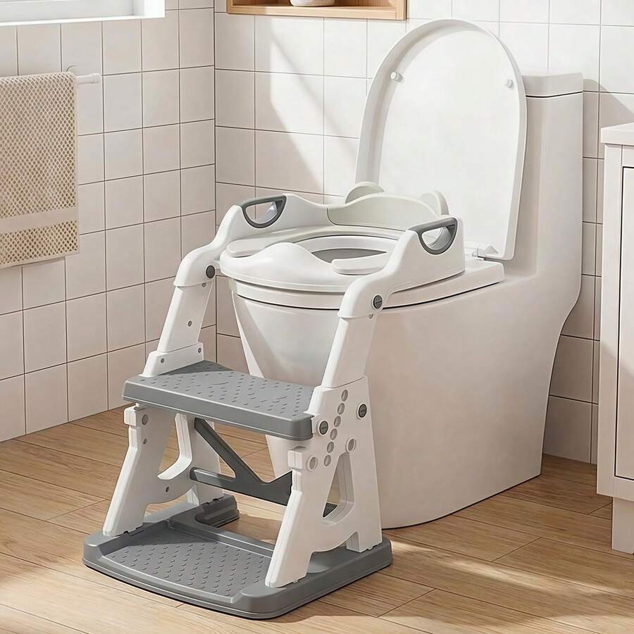 Agislone Foldable Toddler Toilet Seat With Step Stool - 2 In 1 Adjustable Height Potty Training Seat | Stable Triangle Structure | Splash Guard | Anti-Slip Pedal - For Boys & Girls (Grey) - Grey - View 1