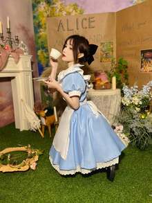 Women's Fantasy Blue And White Maid Dress With Peter Pan Collar And Ruffled Short Sleeves For Cosplay Spring - Baby Blue - View 6