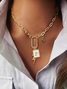 1 pieza Collar con colgante de tono dorado para mujer, con 26 etiquetas con letras, llavero, anillos ovalados con rhinestones, colgante en forma de lágrima azul y colgante en forma de rayo. Su diseño poderoso y estilo elegante muestran un estilo personalizado, adecuado para uso diario y también un gran regalo. - Dorado - Ver 19