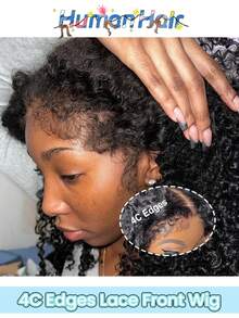 深波浪4C边缘前额假发 13x4蕾丝前额真人发假发 深卷蕾丝前额假发 女士真人发 巴西雷米真人发假发 带卷曲婴儿发 蓬松发际线 - Natural Black - 查看 3