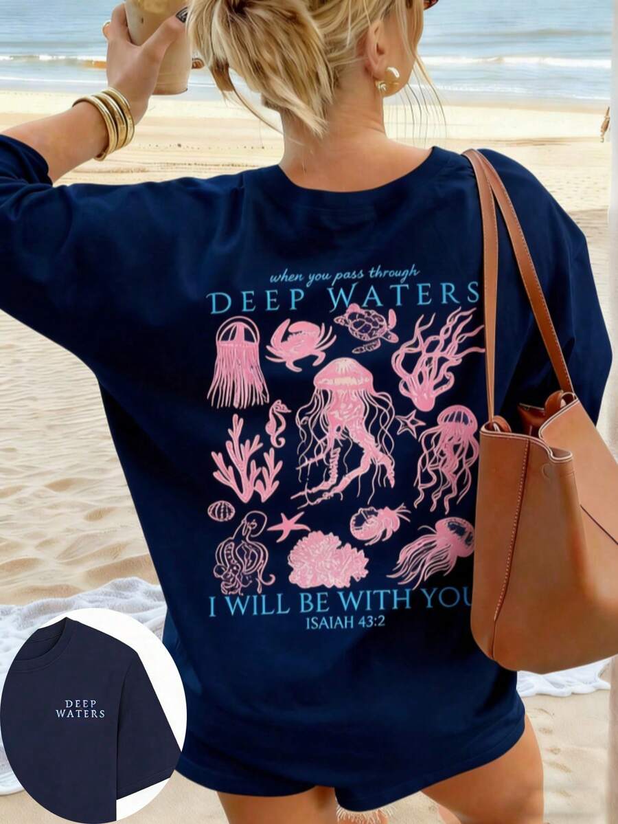 Women's Summer New Simple Cute Marine Life Print Casual Vacation Style Loose Versatile Round Neck White Short-Sleeved T-Shirt Fashionable Daily Tops Suitable For Daily Vacation Wear. Graphic Tees Women Pink Top-Unisex Comfortable Vintage Street Style Loose-Fit Washed T-Shirt - 藏蓝色 - 查看 1