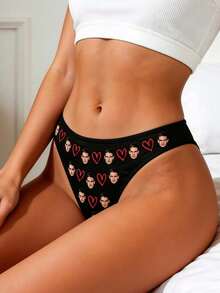 1pc Women's Customized Photo Black Knitted Fabric Romantic Style Thong, Suitable For Romantic Occasions - Multicolor - View 4