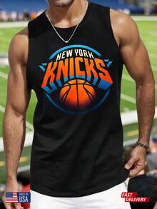 Men's Summer Streetwear Sleeveless T-Shirt New York Knicks Basketball Logo Tank Top For Men Sporty Casual Wear Athletic Muscle Shirt With Team Design Black Color Breathable Lightweight Fabric Per - 黑色 - 查看 1