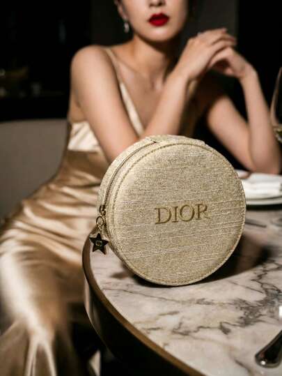Dior 1个拉链迷你金色编织圆形收纳包 - 奢华闪亮风格，饰有刺绣CD标志，圆柱形，多功能化妆包，适合旅行和珠宝收纳