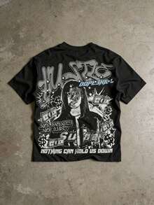 2026夏季新款醒目黑白涂鸦3D数码印花男士短袖T恤，街头时尚休闲宽松黑色圆领涤纶可机洗T恤 - 黑色 - 查看 3