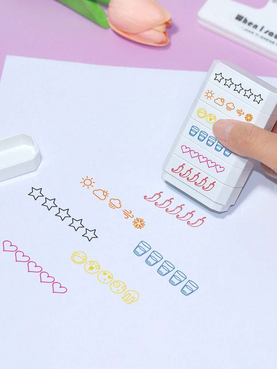 1 Set mit 6 Stempeln: 5-Sterne-Bewertungsstempel, Chilipfefferstempel, Herzstempel, Trinkwasserstempel, Wetterstempel, Stimmungsstempel, geeignet für Notizbücher, Tagebücher, Marker, E-Mails, Umschläge, Büromaterial usw. - Mehrfarbig - Übersicht 1