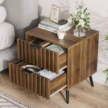 Modern Bedside Table With Recessed Design And Two Drawers, Suitable For Bedrooms, Hallways, Living Rooms And Children's Rooms, Walnut - 45 X 40 X 53 cm - View 5