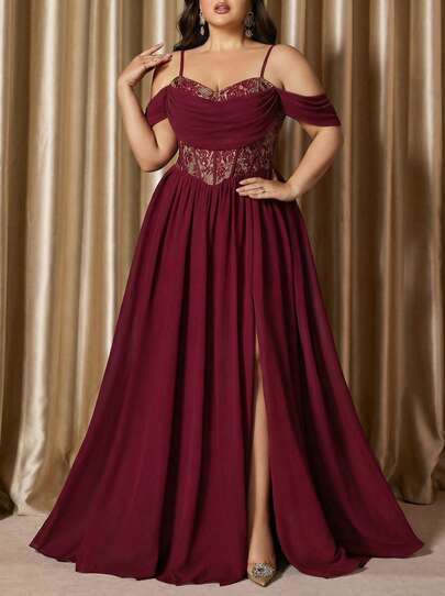 Design Sense 大码女士曲线无袖雪纺晚宴礼服优雅蕾丝拼接派对晚礼服吊带长裙，情人节婚礼春季款