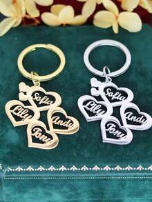 Customized 1-4 Names Family Surname Plate Heart-Shaped Keychain, Fashionable Birthday Christmas Gift, Stainless Steel Engraved Name Plate Keychain, Personalized Couples Family Friends Keychain - Multicolor - View 2