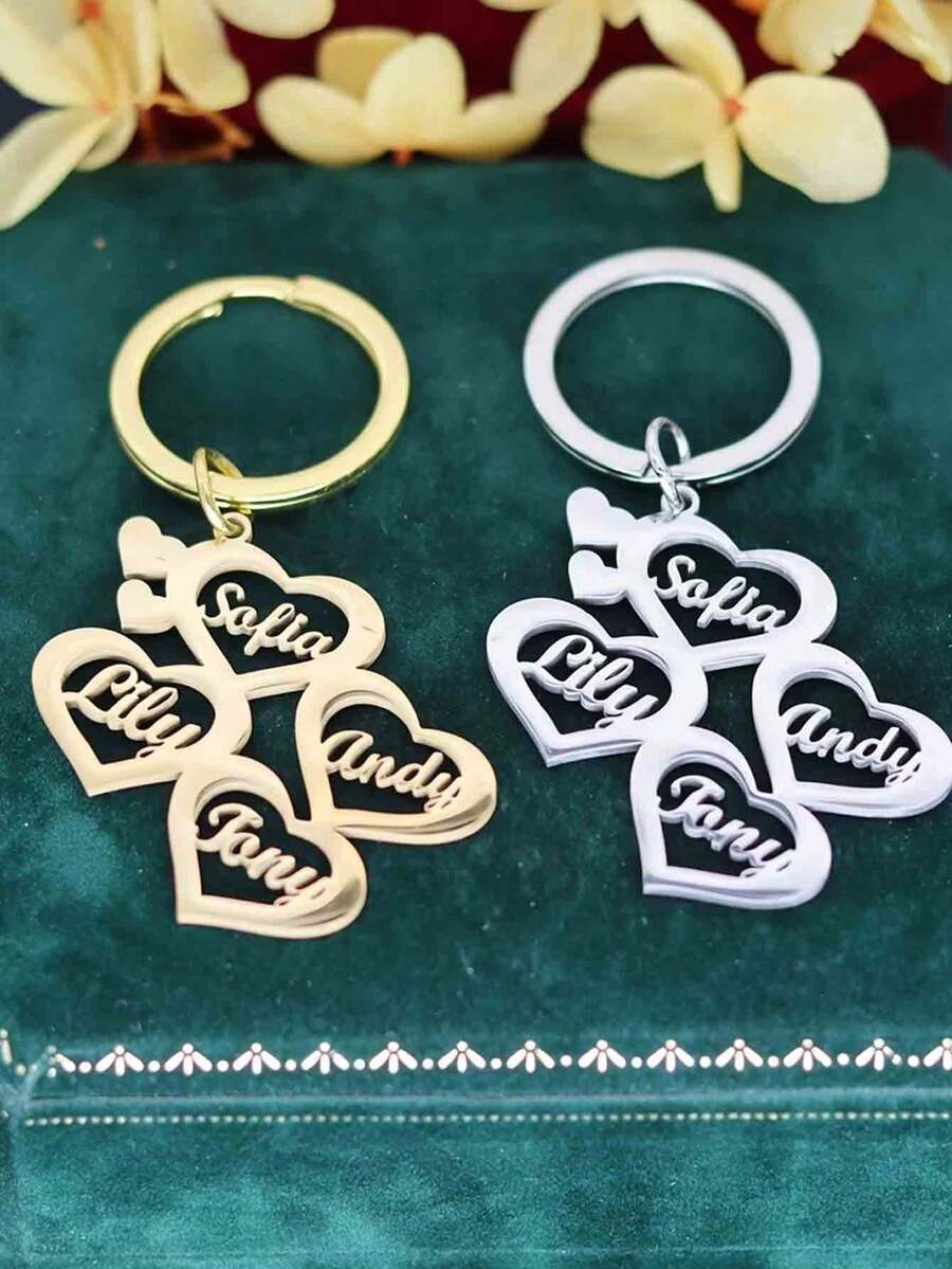 Customized 1-4 Names Family Surname Plate Heart-Shaped Keychain, Fashionable Birthday Christmas Gift, Stainless Steel Engraved Name Plate Keychain, Personalized Couples Family Friends Keychain