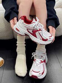 Soft Leather Thick-Soled Height-Enhancing Sneakers, Women's Breathable Mesh 2025 Spring, Summer And Autumn New Casual Running Shoes, Music Festival Millennial Style Back To School Must-Have - Đỏ và trắng - Xem 5
