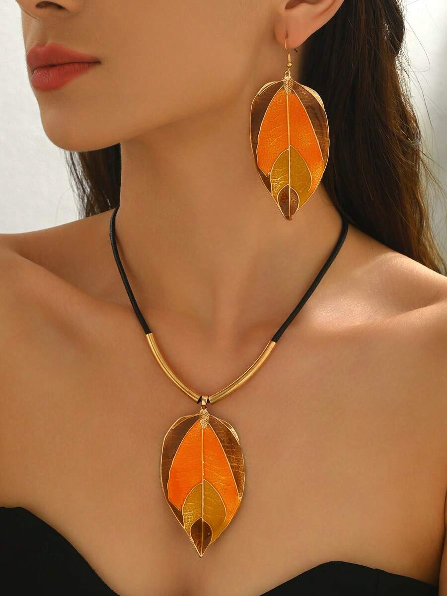 Bộ 3 món thời trang mùa hè phong cách Bohemian, dây chuyền và bông tai hình hoa rỗng nhiều màu sắc, thích hợp cho nữ, phù hợp cho các dịp thường ngày, đi biển, hẹn hò, dự tiệc, làm quà tặng. - trái cam - Xem 1