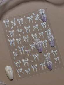 1pc Ethereal Ribbon Bow Jelly Bow Nail Sticker, Shell Holographic 3D Embossed Nail Art Sticker, Nail, Parts, Nail Decoration, Nail Art, Components, Accessories - Multicolor - View 3