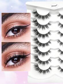 ENCHUW 7对假睫毛，蓬松自然妆效，透明梗仿貂毛假睫毛，立体条状假睫毛，日常佩戴 - 黑色 - 查看 4