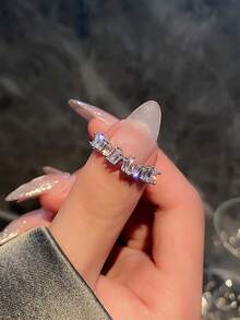 1pc Minimalist Geometric Rhinestone Inlaid Adjustable Open Ring, Elegant Luxury Fashion Versatile Jewelry, Suitable For Daily Wear, Dates, Weddings, A Gift For Her - Silver - View 3