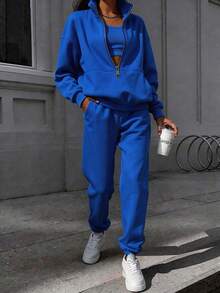 Women's Oversized Half Zip Two-Piece Tracksuit, High Neck Stand Collar Loose Fit Fleece Sweatshirt & Wide Leg Pants Set, Cozy Comfortable Casual Loungewear, Stylish Sports Streetwear Fashion Outfit, Spring Black Essential Versatile Daily Wear, Perfect For Casual Errands, Lounging & Everyday Outdoor Activities  (Local Warehouse Discounts.) | Two Piece Set Women | 2 Piece Sets Woman | Workout Sets Women | Women Two Piece Sets | Sets 2 Piece Women | Conjunto De Dos Piezas Mujer - Màu xanh dương (Phiên bản nâng cấp) - Xem 4
