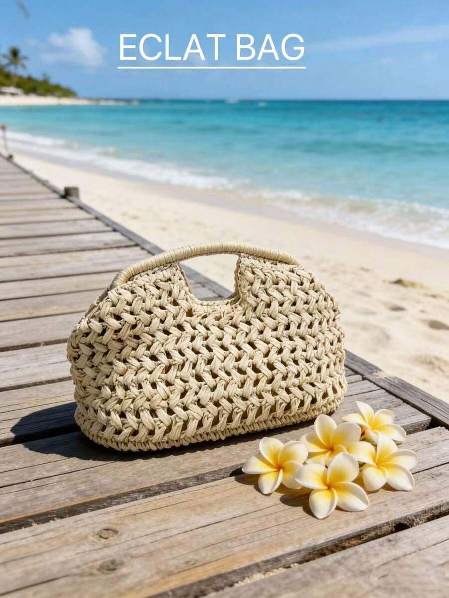 Túi xách cầm tay bằng sợi tự nhiên mới năm 2025, túi đi biển mùa hè đan thủ công từ rơm và sợi raffia dành cho nữ. - Màu be - Xem 1
