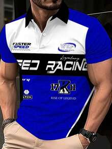 Camisa polo con botones para hombres, popular en Europa y América, con estampado digital y mangas cortas con cuello, adecuada para uso al aire libre - Azul y blanco - Ver 3