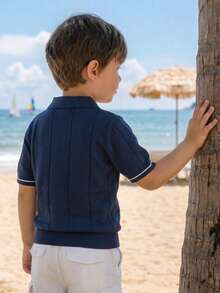 Boys' Collegiate Style Lyocell Solid Color Short Sleeve Half-Zip Lightweight Knit Pullover Sweater, Spring/Summer/Autumn - Navy Blue - View 6