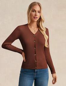 Women's Long Sleeve Button Up Cardigan Sweaters Ribbed Knit Open Front Casual - Caramel - View 3