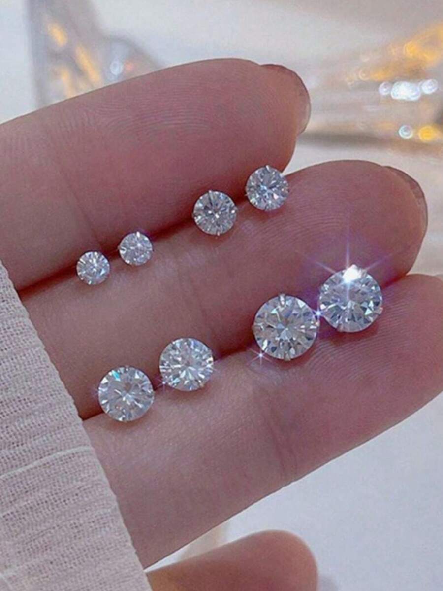 Khuyên tai dạng cầu đơn giản bằng bạc Sterling đính pha lê trắng, kiểu dáng unisex - Khuyên tai đinh tán cao cấp mới, phù hợp với tai đã xỏ lỗ. - trắng - Xem 1