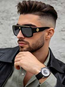 1pc Large Frame Aviator Style New Fashion Glasses For Men, Retro Personalized Men's Glasses, Men's Driving Glasses, Outdoor Travel Holiday Beach Accessory Unisex Basic - Black - View 3
