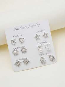1 Card/6 Pairs Rhinestone Geometric Earrings, Heart, Flower, Butterfly, Pentagram, Waterdrop Stud Earrings, Full Rhinestone, Suitable For Women's Daily Wear - Silver - View 1