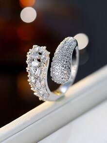 1pc Exquisite Zirconia Inlaid Ring With Asymmetrical Open Design, Elegant Style Suitable For Commuting And Versatile Wear - Open Ring - View 2