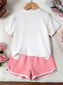 2pcs/Set Sweet Style Number 67 Cake Candle Print Outfit, Loose Soft Short Sleeve Top + Shorts, Suitable For Home, Air-Conditioned Room And Outdoor Wear - White - View 2