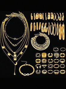 Bộ trang sức thời trang tối giản, thanh lịch phong cách Bohemian gồm 40/52/76/94 món, bao gồm bông tai, dây chuyền, nhẫn, vòng tay với các họa tiết hình trái tim, xoắn, bướm, hình học, sóng, phụ kiện đa năng dùng hàng ngày, kiểu dáng ngẫu nhiên. - Nhiều màu - Xem 4