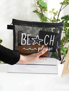 Túi đựng mỹ phẩm lưới thoáng khí in hình sao biển nhiệt đới màu đen - Túi đựng đồ trang điểm bằng nylon với dòng chữ "Beach Please", nhẹ và tiện dụng cho bãi biển, hồ bơi, sử dụng hàng ngày, món quà lý tưởng cho Ngày của Mẹ. - Nhiều màu - Xem 14