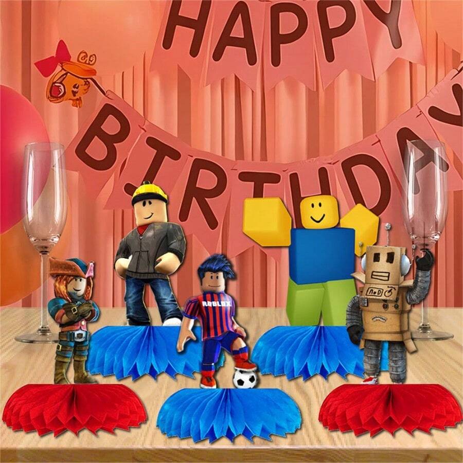 Roblox 5件装纸质蜂窝游戏主题装饰品,游戏主题生日房间装饰,桌面摆件 - Roblo 蜂窩 - 查看 1